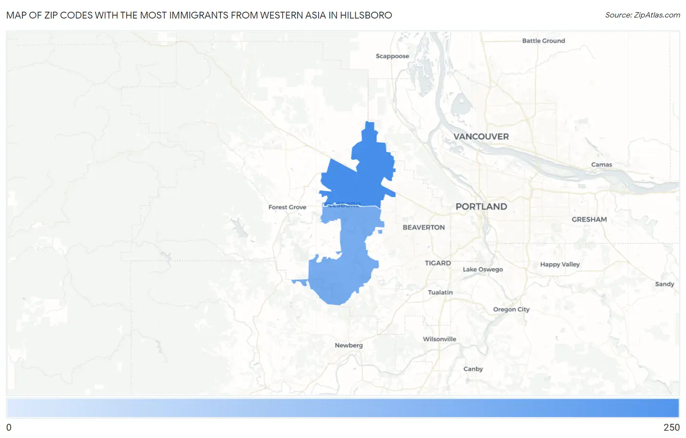 Zip Codes with the Most Immigrants from Western Asia in Hillsboro Map