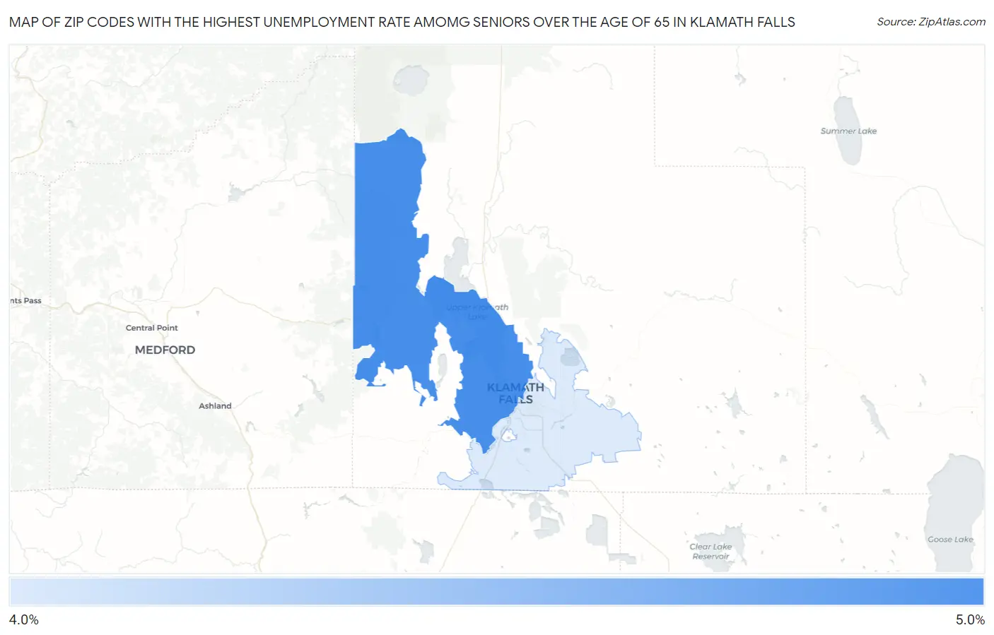 Zip Codes with the Highest Unemployment Rate Amomg Seniors Over the Age of 65 in Klamath Falls Map