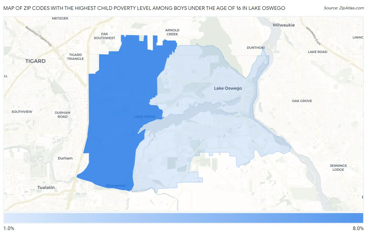 Zip Codes with the Highest Child Poverty Level Among Boys Under the Age of 16 in Lake Oswego Map