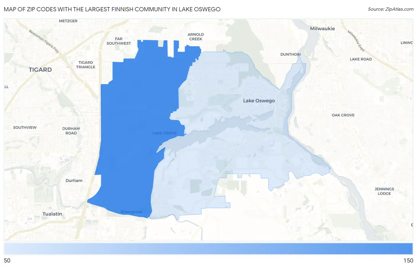 Zip Codes with the Largest Finnish Community in Lake Oswego Map