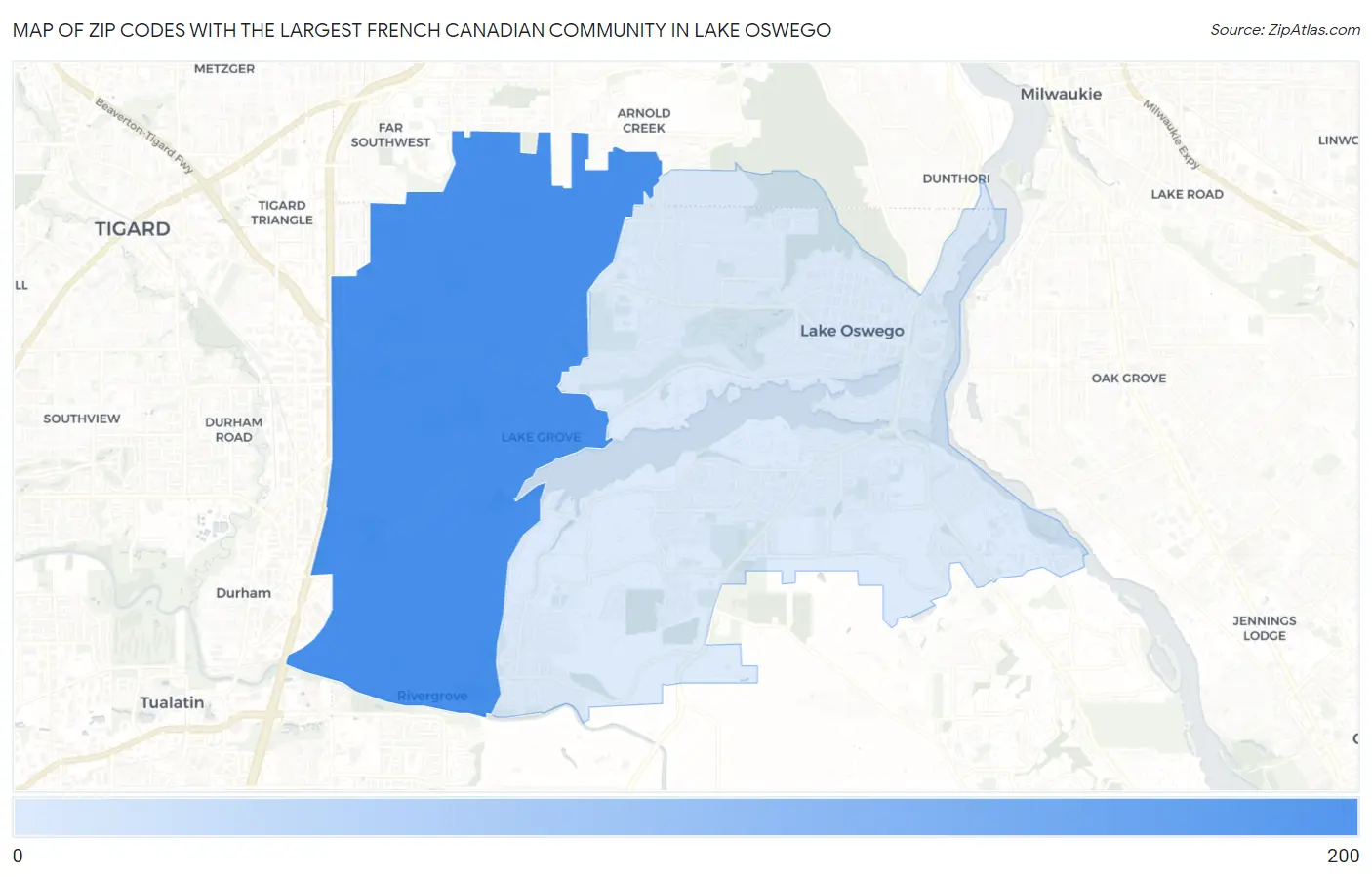 Zip Codes with the Largest French Canadian Community in Lake Oswego Map