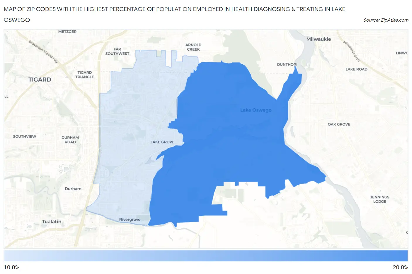 Zip Codes with the Highest Percentage of Population Employed in Health Diagnosing & Treating in Lake Oswego Map