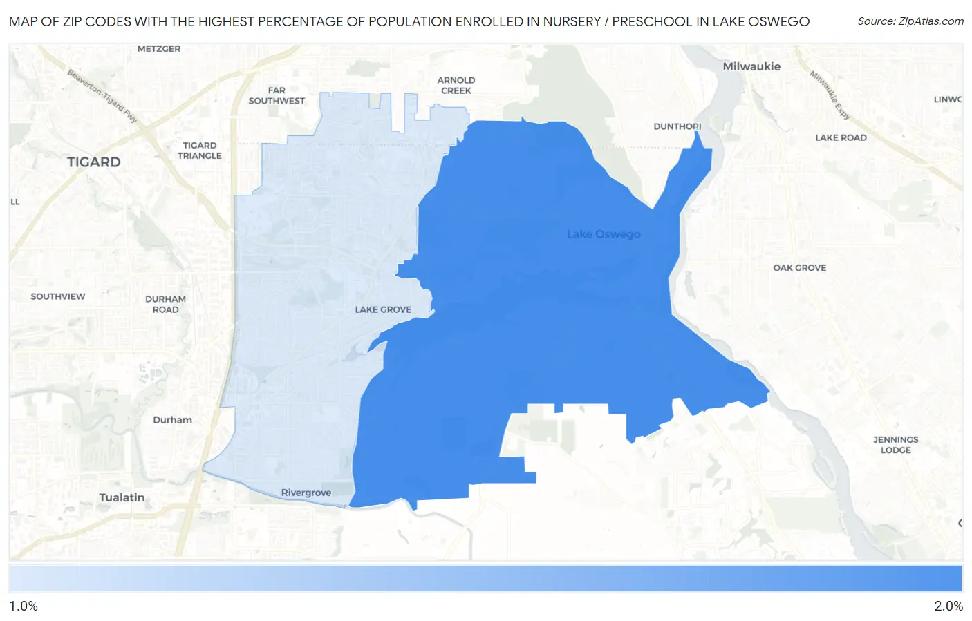 Zip Codes with the Highest Percentage of Population Enrolled in Nursery / Preschool in Lake Oswego Map
