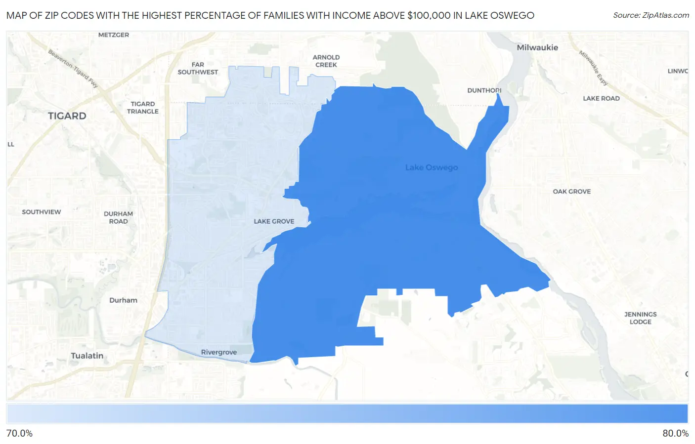 Zip Codes with the Highest Percentage of Families with Income Above $100,000 in Lake Oswego Map