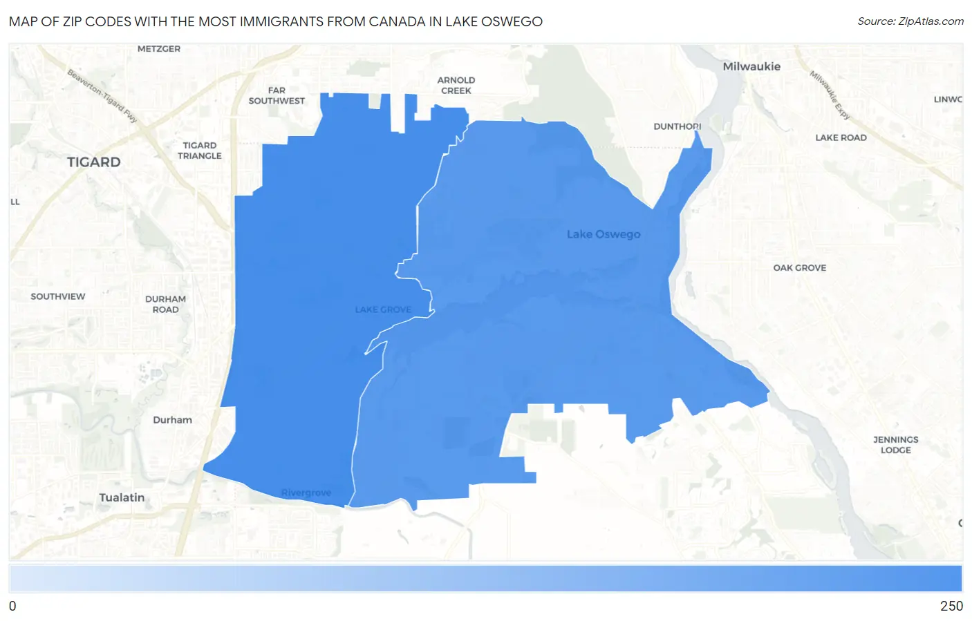 Zip Codes with the Most Immigrants from Canada in Lake Oswego Map