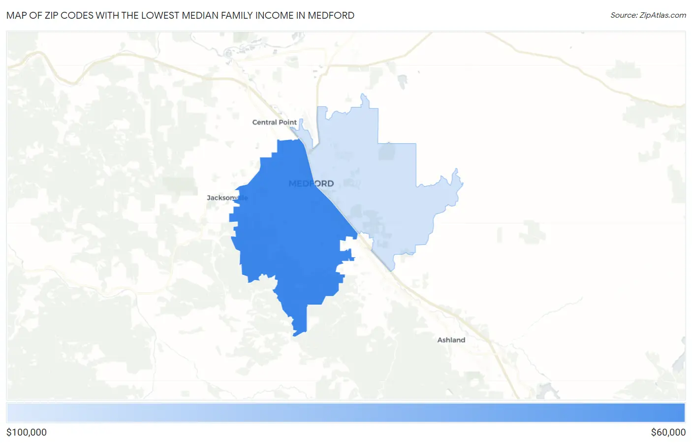 Zip Codes with the Lowest Median Family Income in Medford Map