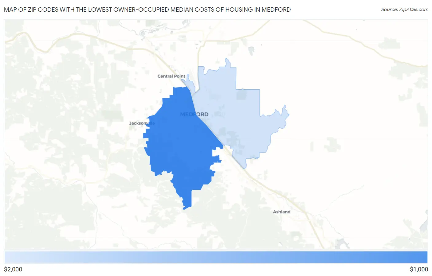 Zip Codes with the Lowest Owner-Occupied Median Costs of Housing in Medford Map