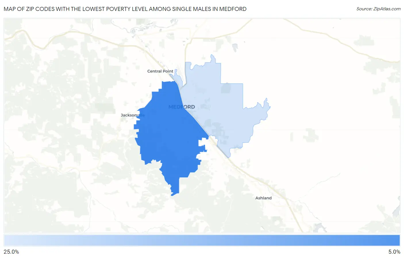 Zip Codes with the Lowest Poverty Level Among Single Males in Medford Map