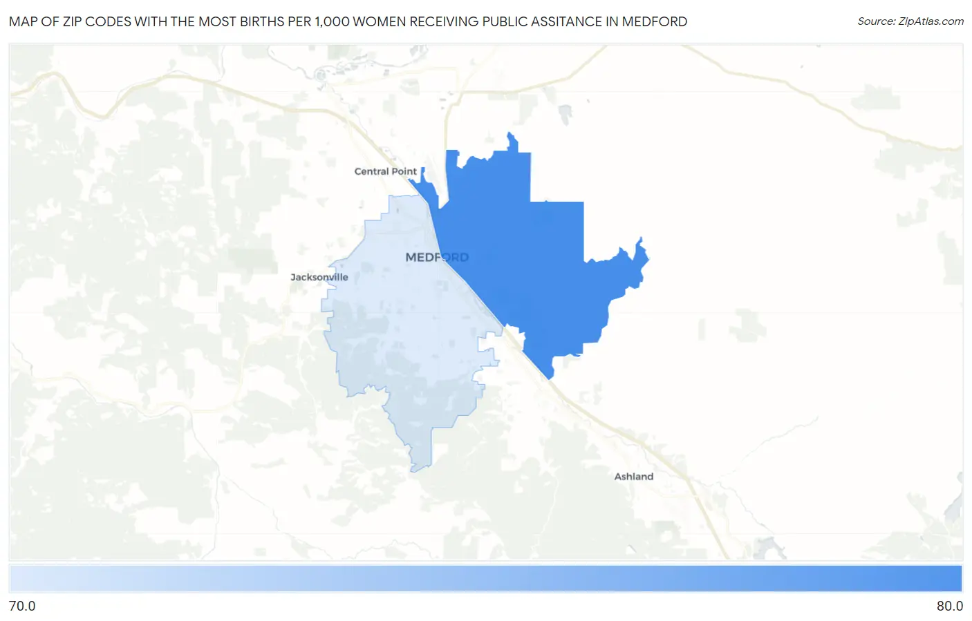 Zip Codes with the Most Births per 1,000 Women Receiving Public Assitance in Medford Map
