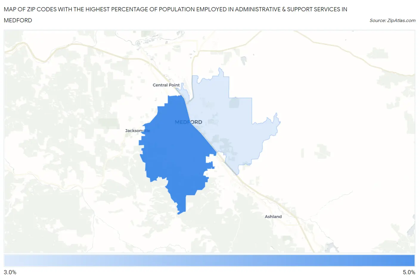 Zip Codes with the Highest Percentage of Population Employed in Administrative & Support Services in Medford Map
