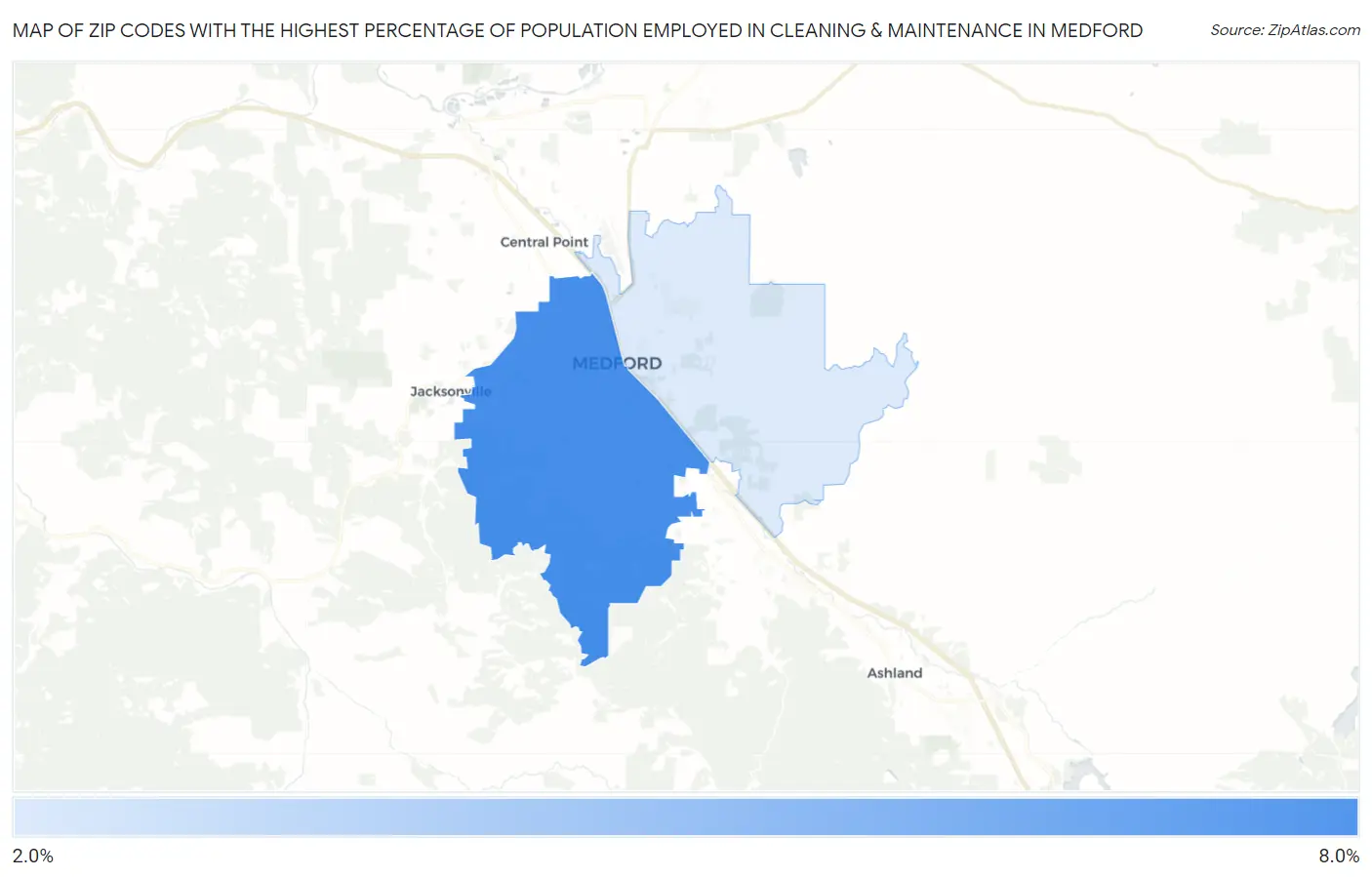Zip Codes with the Highest Percentage of Population Employed in Cleaning & Maintenance in Medford Map