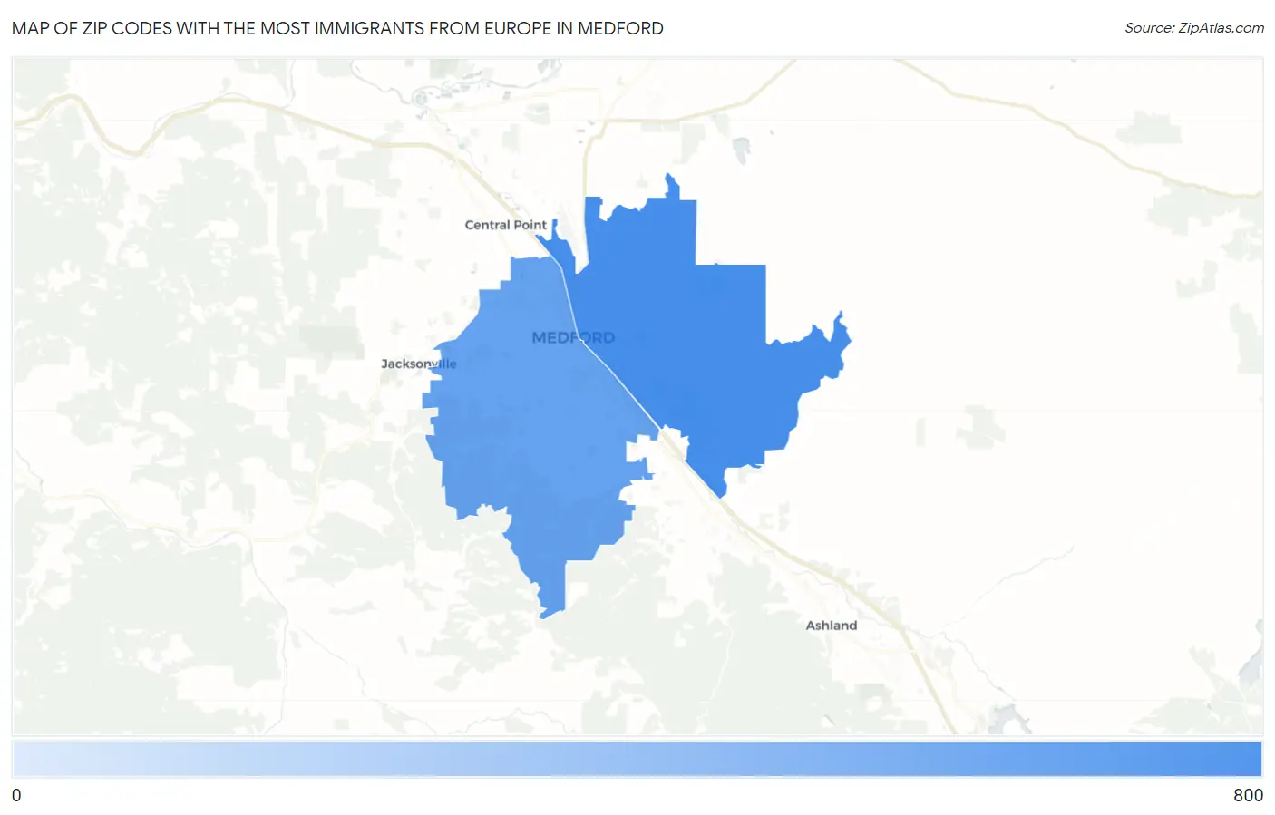 Zip Codes with the Most Immigrants from Europe in Medford Map