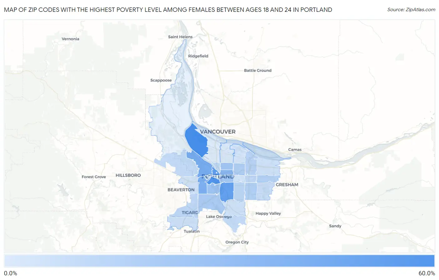 Zip Codes with the Highest Poverty Level Among Females Between Ages 18 and 24 in Portland Map