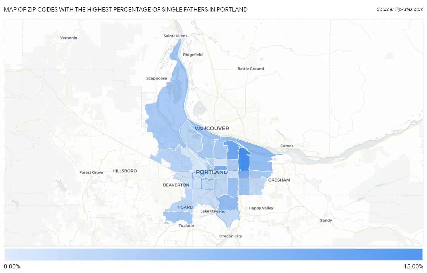 Zip Codes with the Highest Percentage of Single Fathers in Portland Map