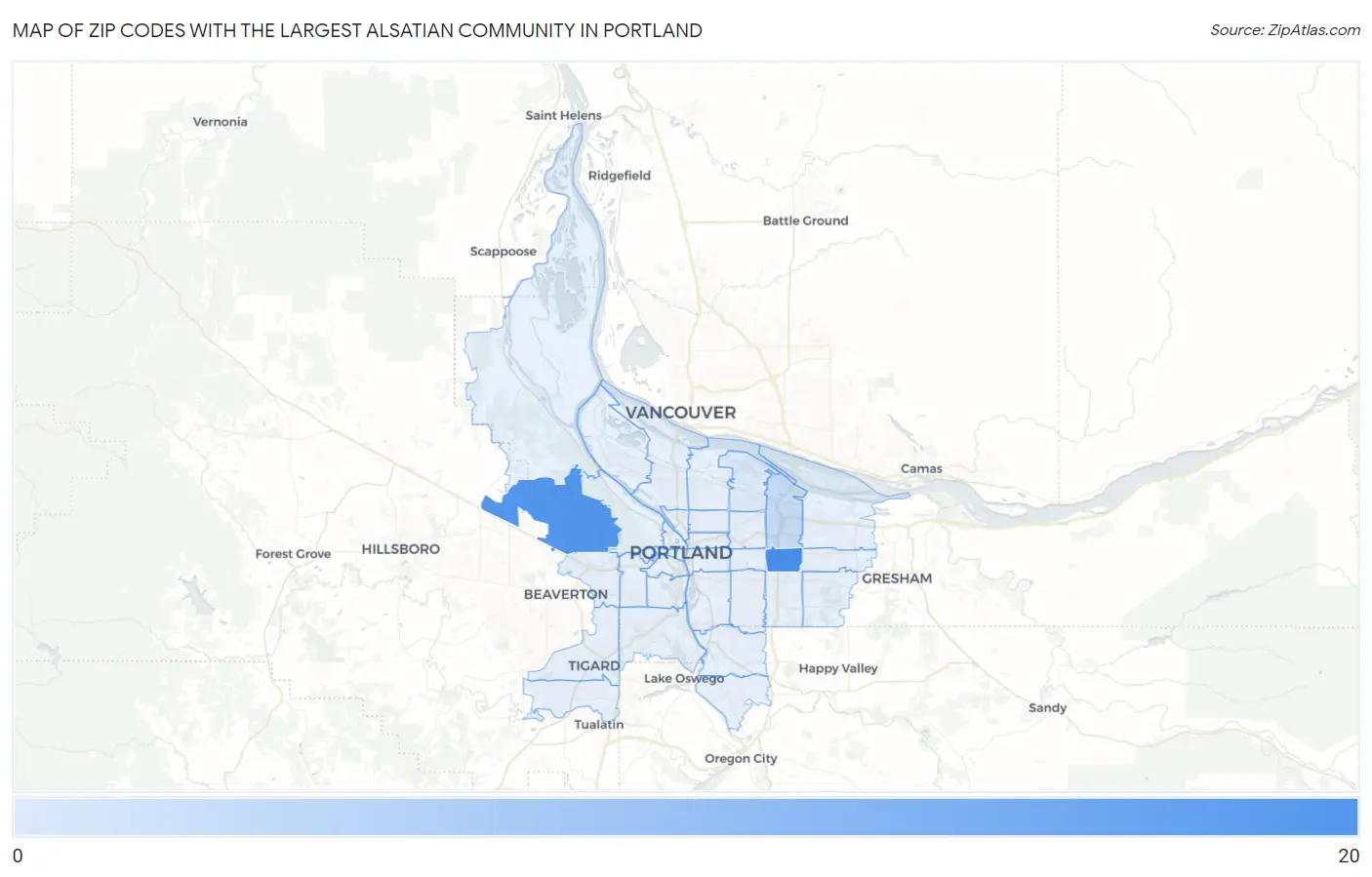 Zip Codes with the Largest Alsatian Community in Portland Map