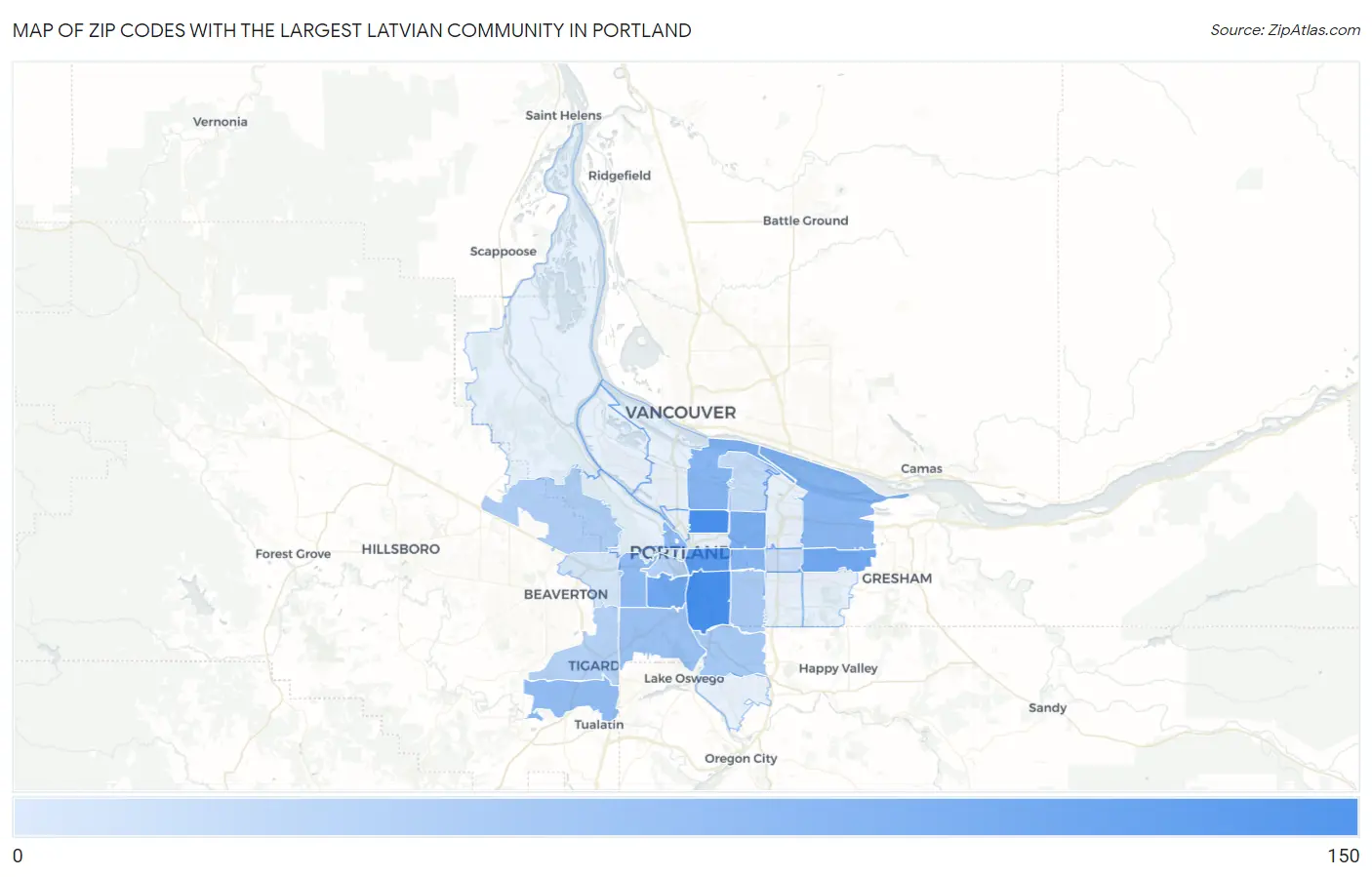 Zip Codes with the Largest Latvian Community in Portland Map