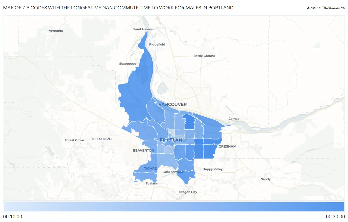 Zip Codes with the Longest Median Commute Time to Work for Males in Portland Map