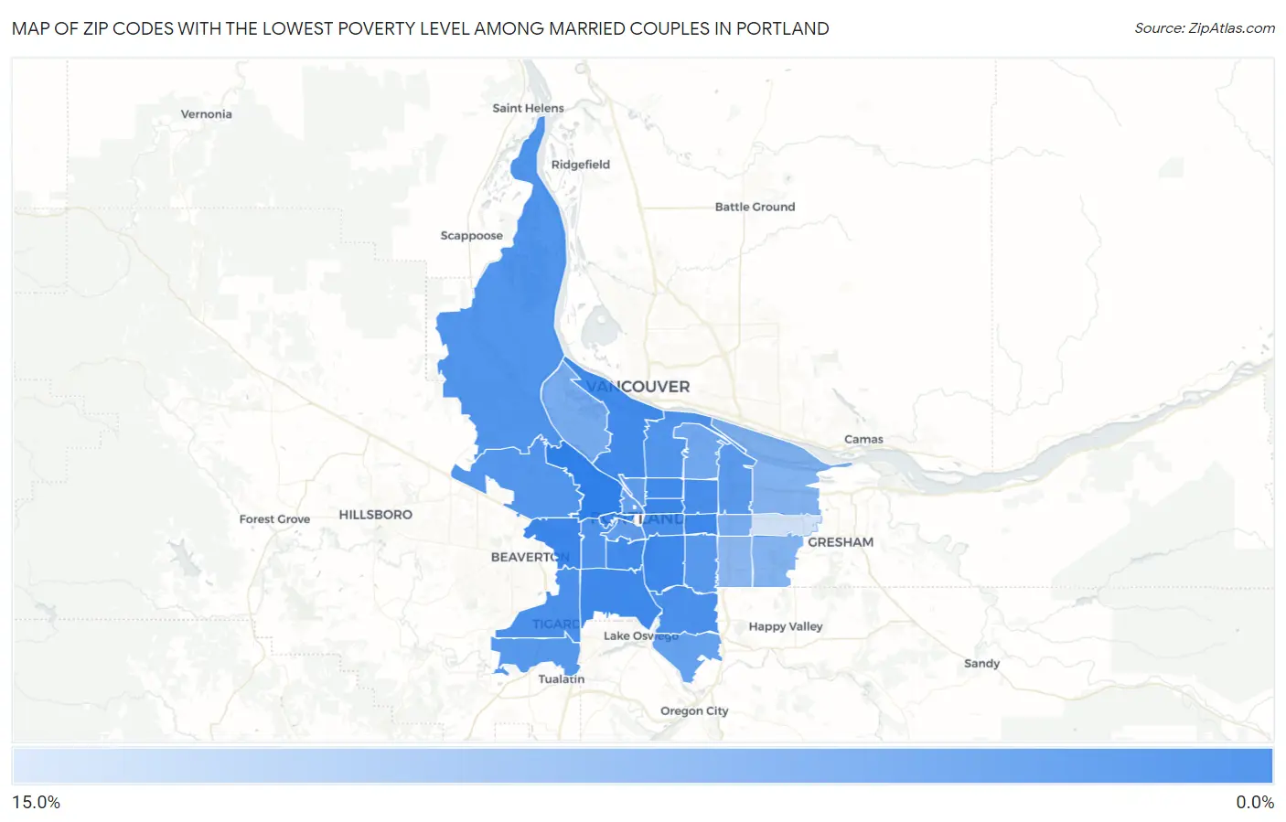 Zip Codes with the Lowest Poverty Level Among Married Couples in Portland Map