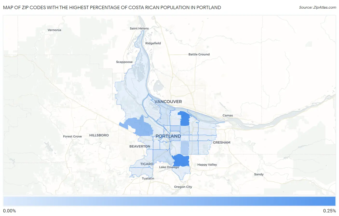 Zip Codes with the Highest Percentage of Costa Rican Population in Portland Map