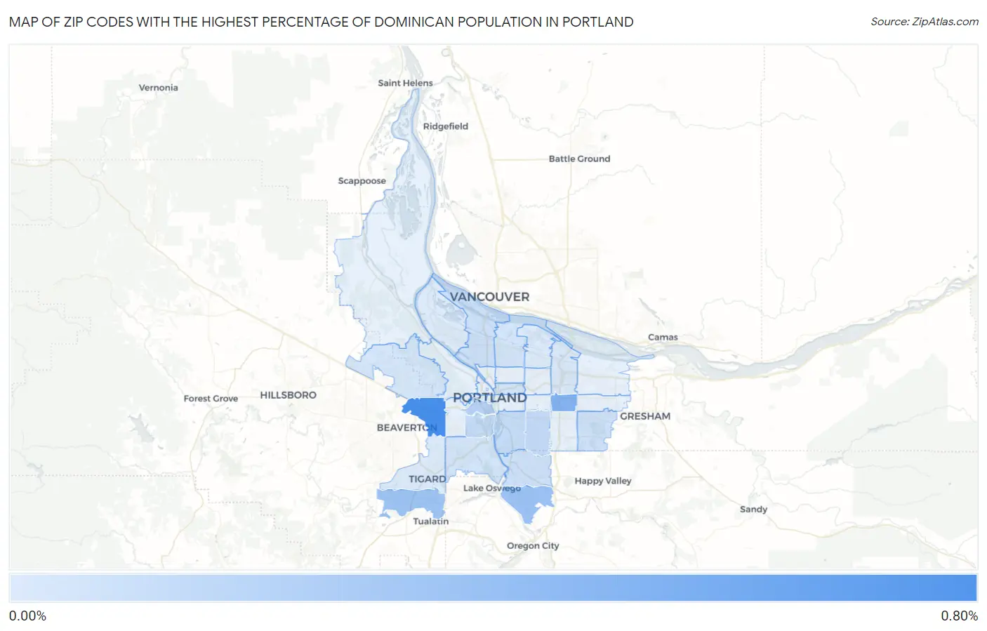 Zip Codes with the Highest Percentage of Dominican Population in Portland Map