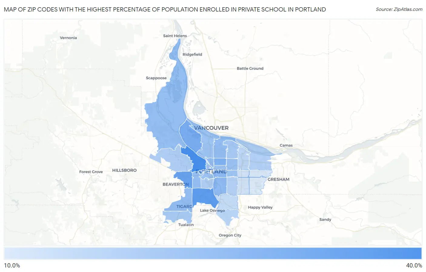 Zip Codes with the Highest Percentage of Population Enrolled in Private School in Portland Map