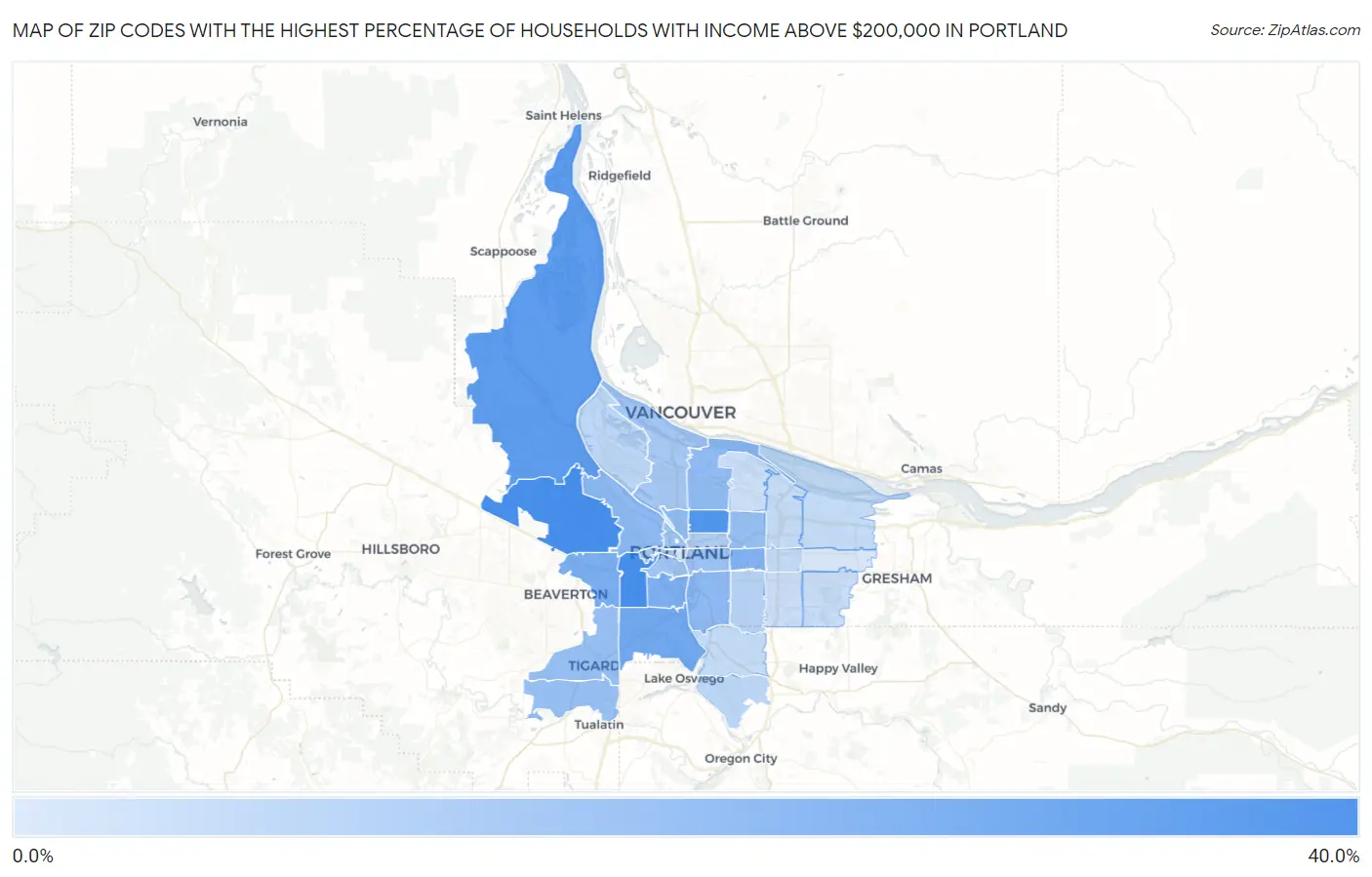 Zip Codes with the Highest Percentage of Households with Income Above $200,000 in Portland Map