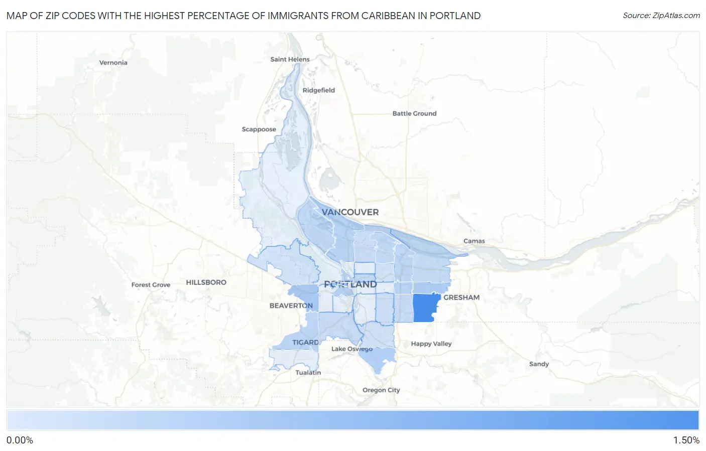 Zip Codes with the Highest Percentage of Immigrants from Caribbean in Portland Map