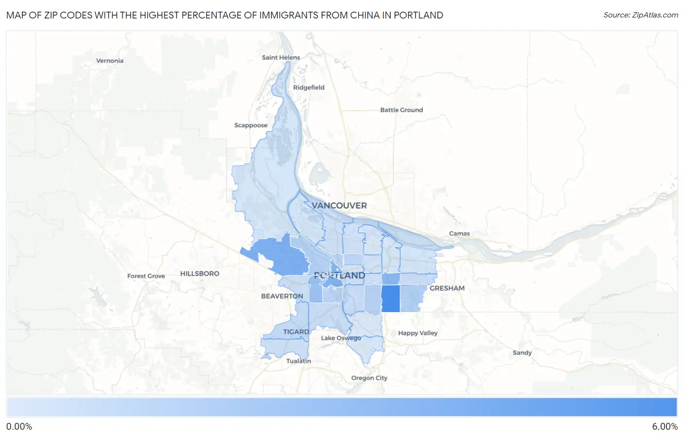 Zip Codes with the Highest Percentage of Immigrants from China in Portland Map