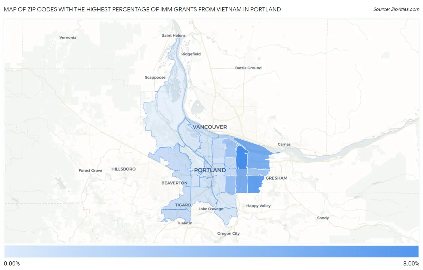 Zip Codes with the Highest Percentage of Immigrants from Vietnam in Portland Map
