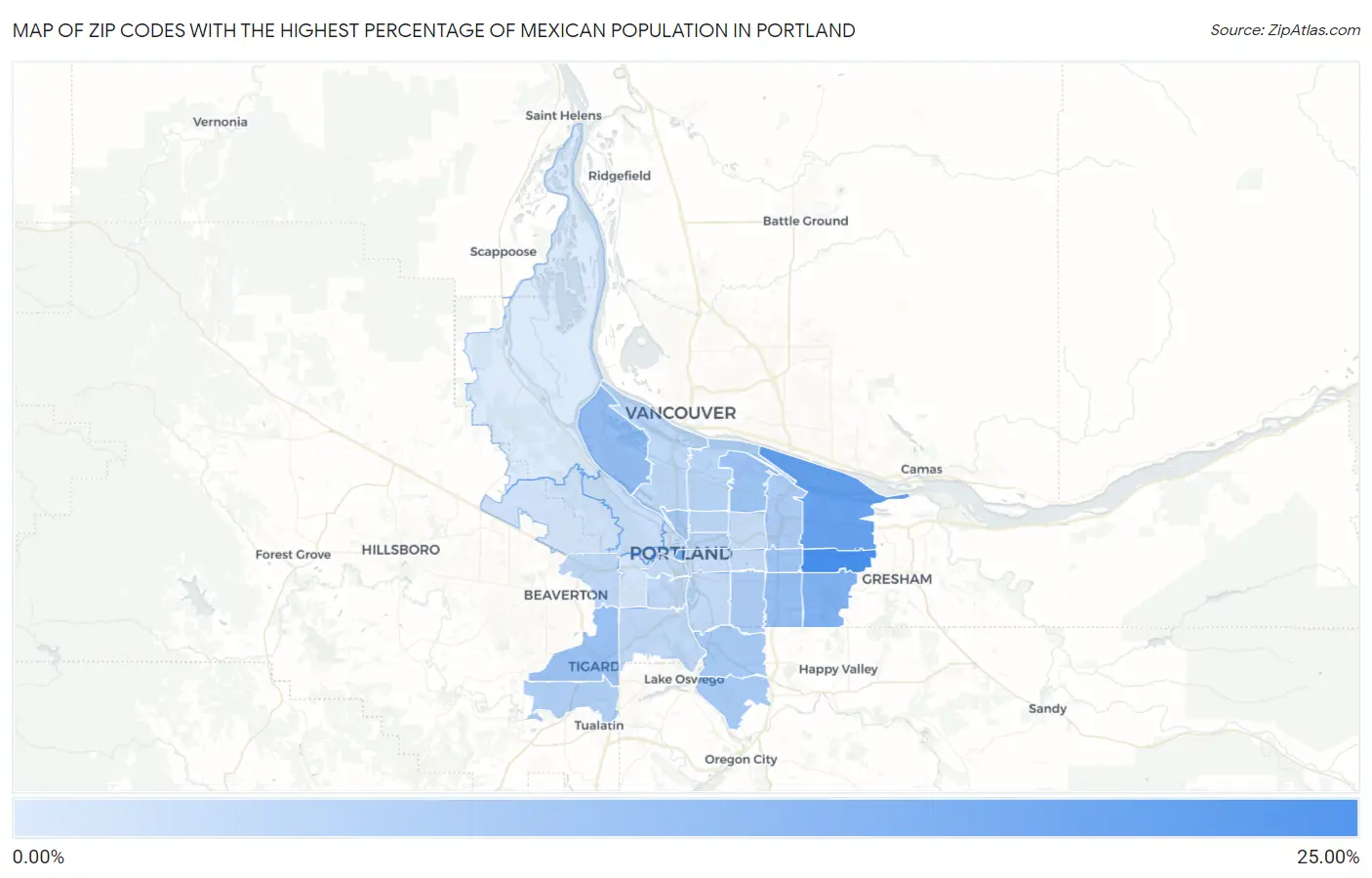 Zip Codes with the Highest Percentage of Mexican Population in Portland Map