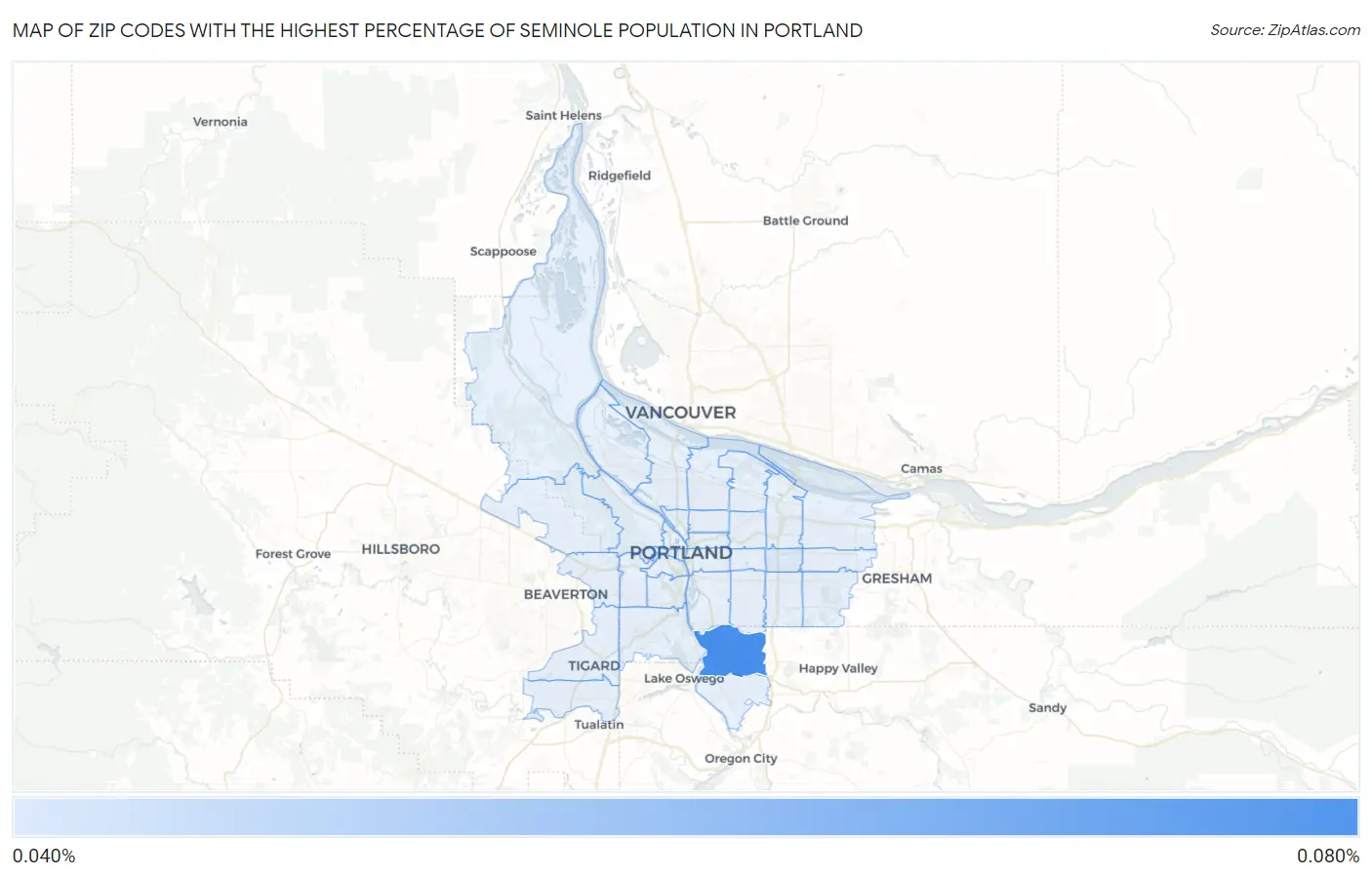 Zip Codes with the Highest Percentage of Seminole Population in Portland Map