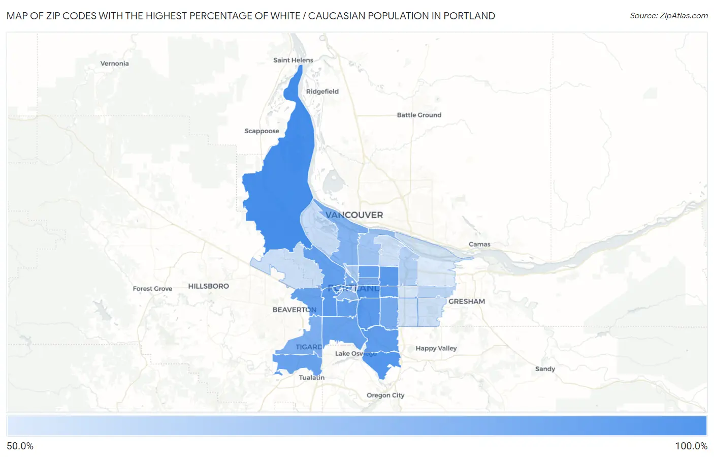 Zip Codes with the Highest Percentage of White / Caucasian Population in Portland Map
