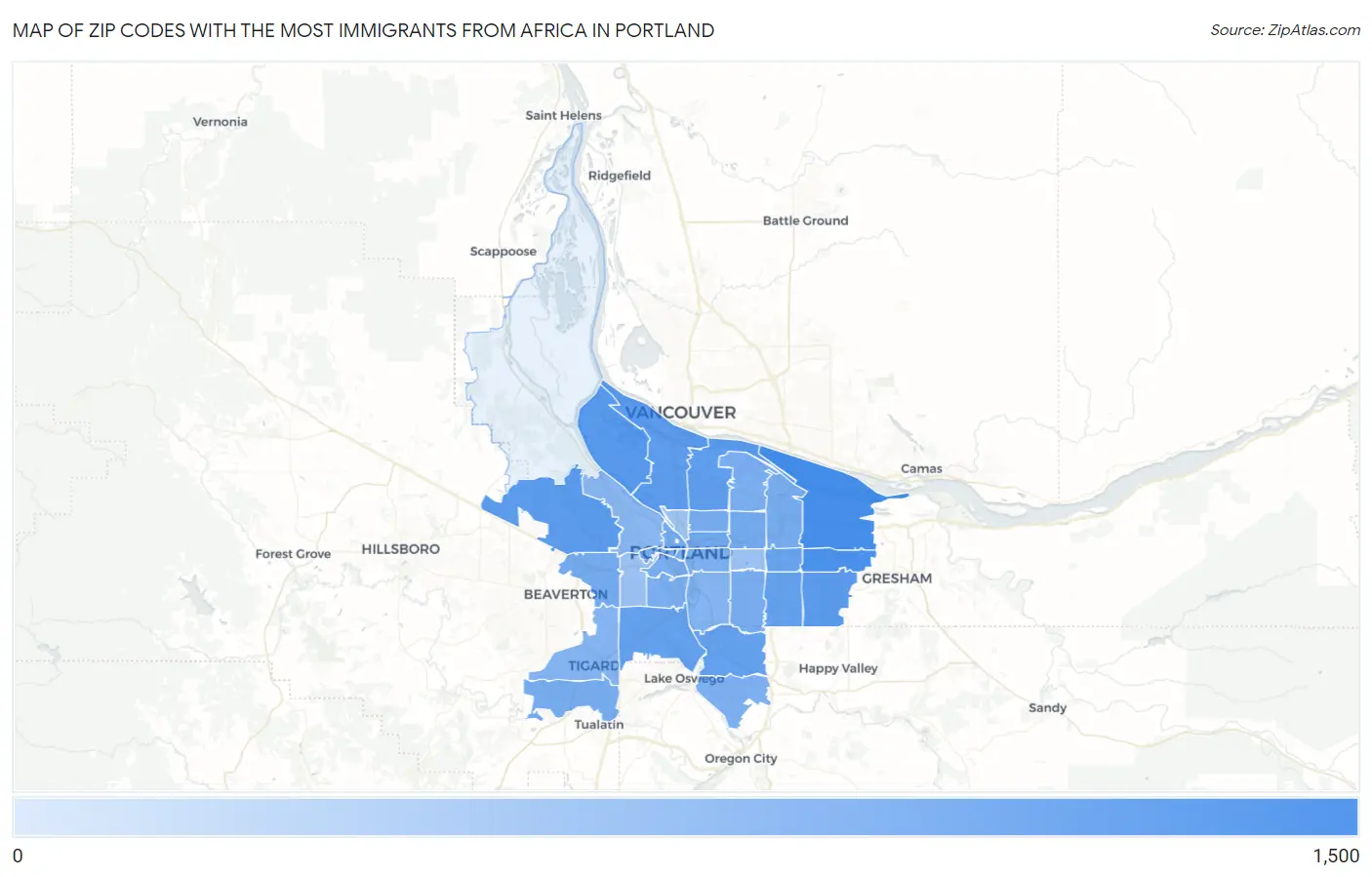 Zip Codes with the Most Immigrants from Africa in Portland Map