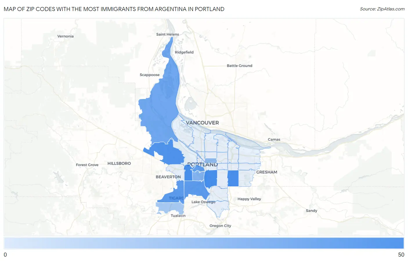 Zip Codes with the Most Immigrants from Argentina in Portland Map