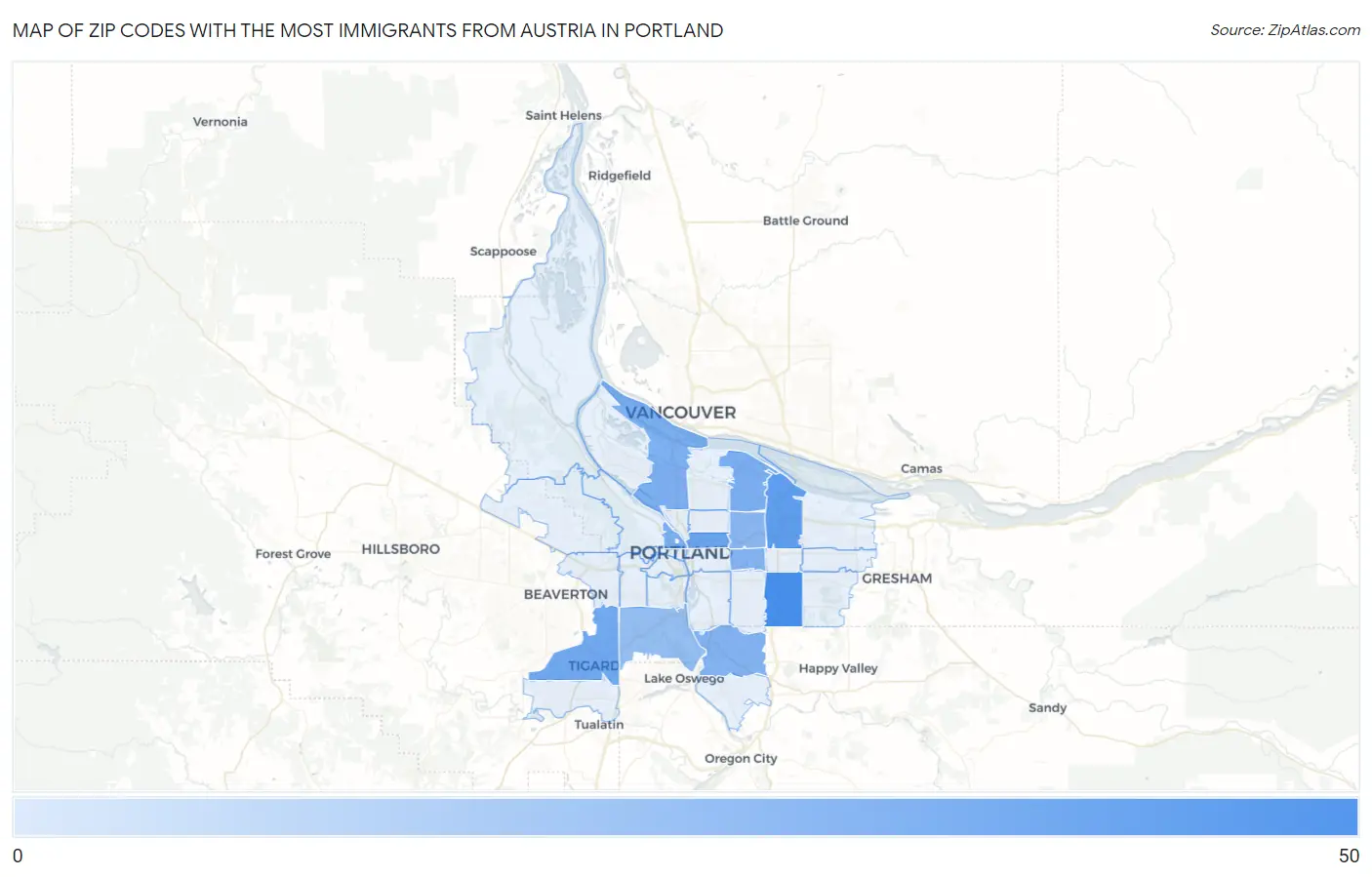 Zip Codes with the Most Immigrants from Austria in Portland Map