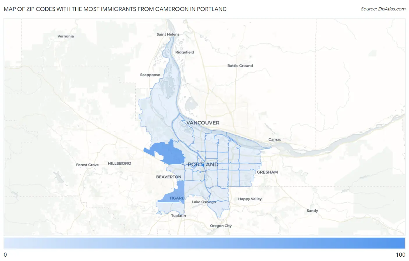 Zip Codes with the Most Immigrants from Cameroon in Portland Map