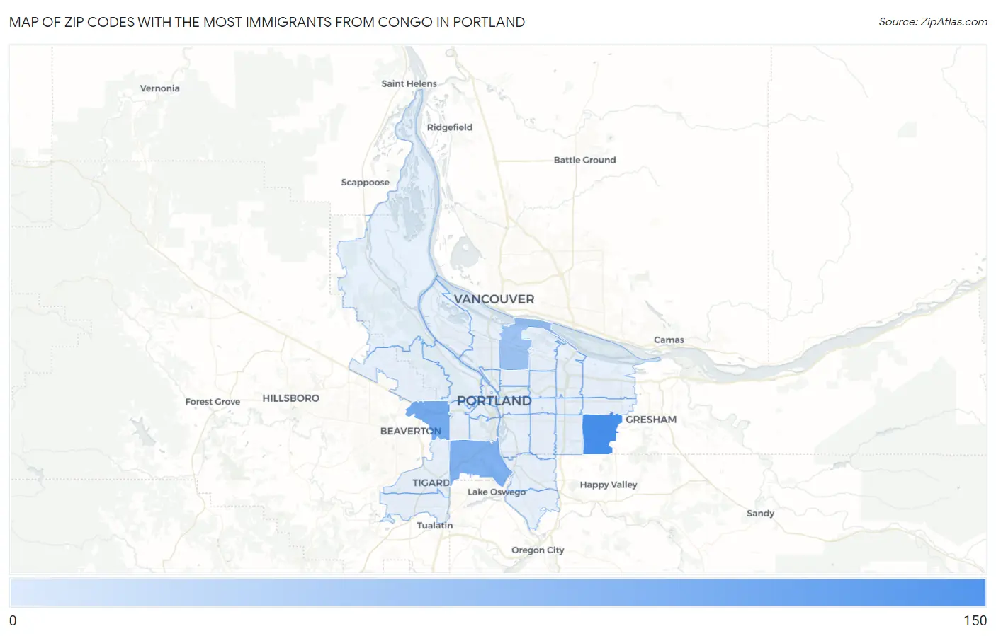 Zip Codes with the Most Immigrants from Congo in Portland Map