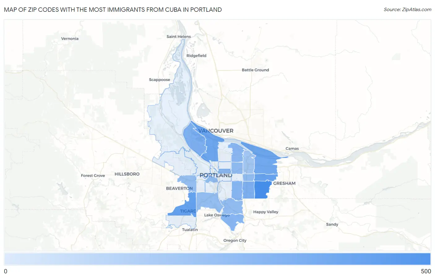 Zip Codes with the Most Immigrants from Cuba in Portland Map