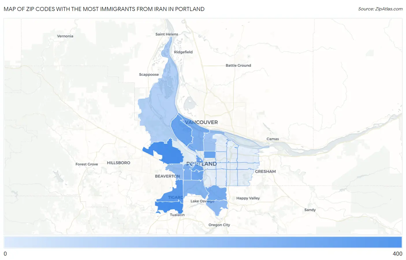 Zip Codes with the Most Immigrants from Iran in Portland Map