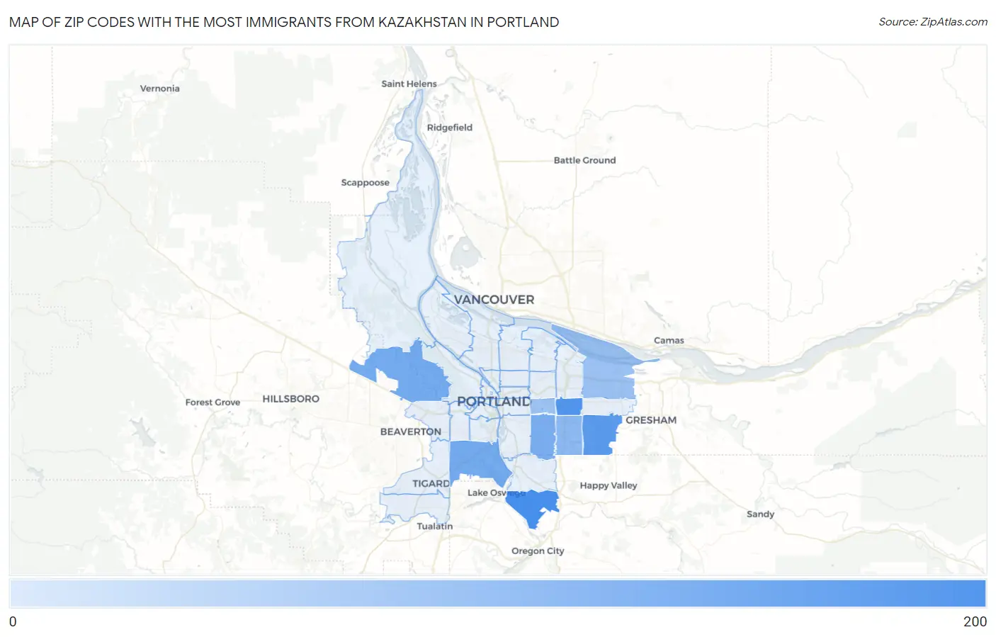 Zip Codes with the Most Immigrants from Kazakhstan in Portland Map