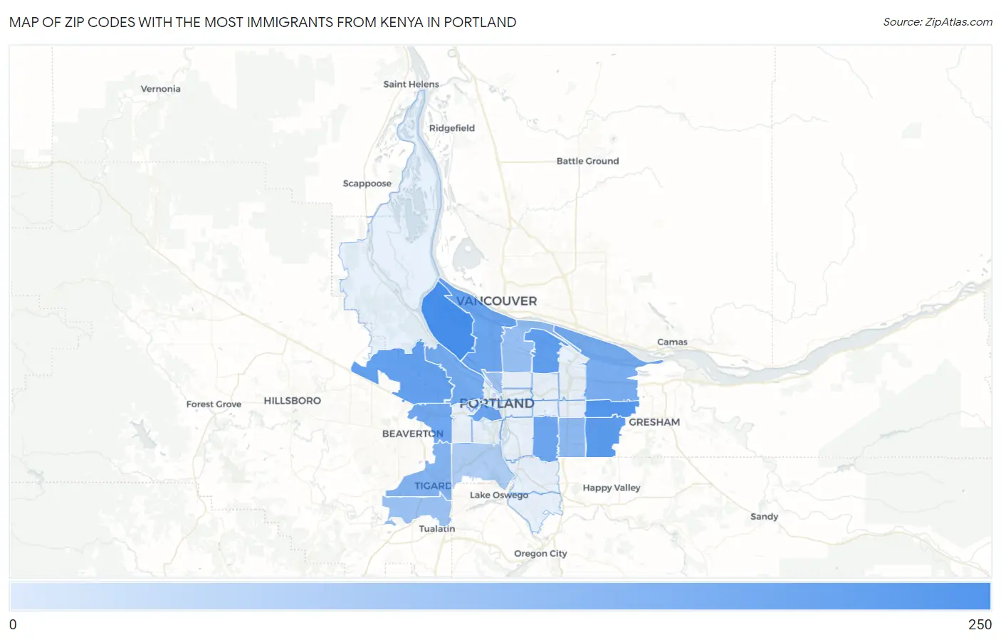 Zip Codes with the Most Immigrants from Kenya in Portland Map