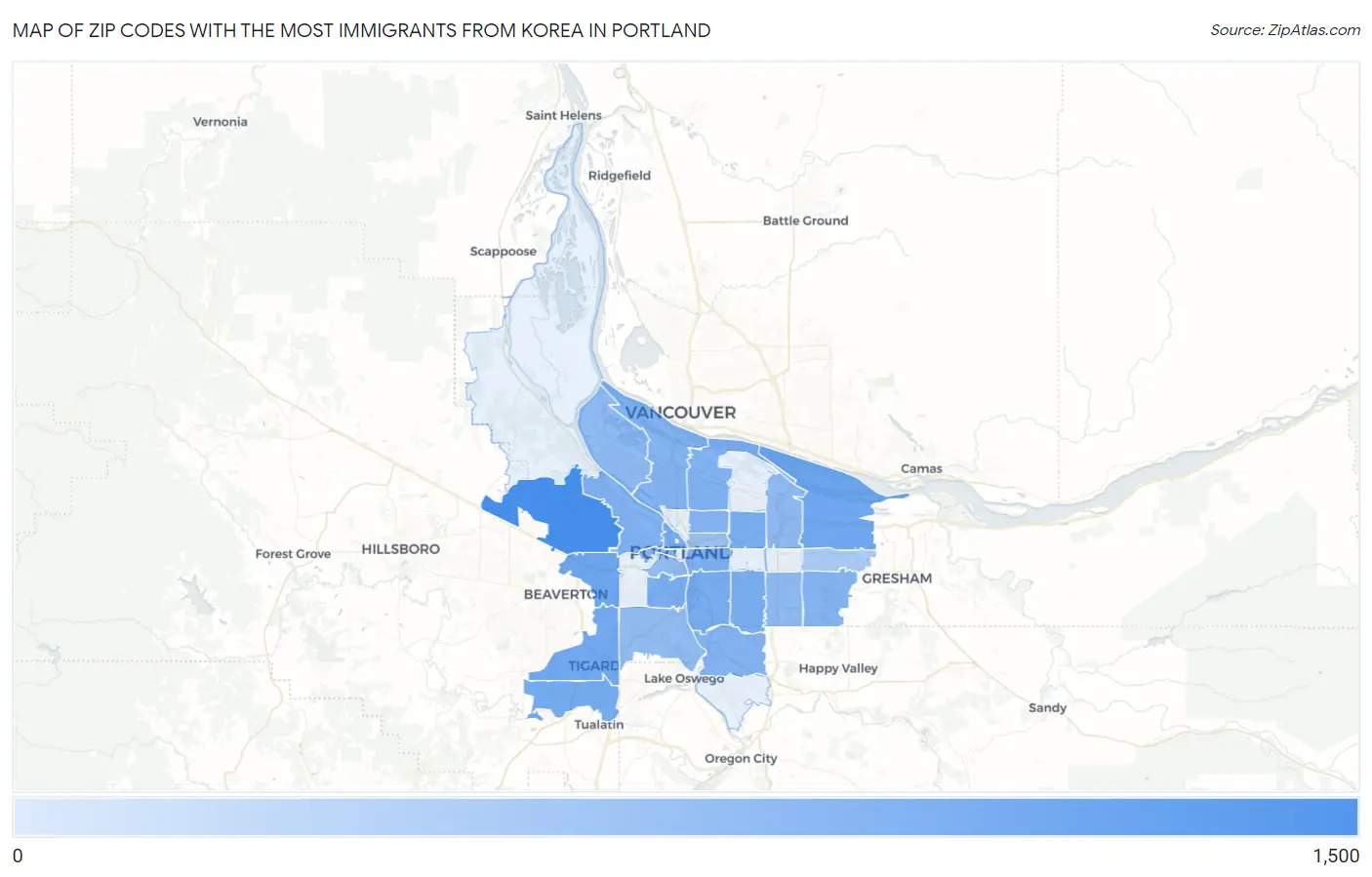 Zip Codes with the Most Immigrants from Korea in Portland Map