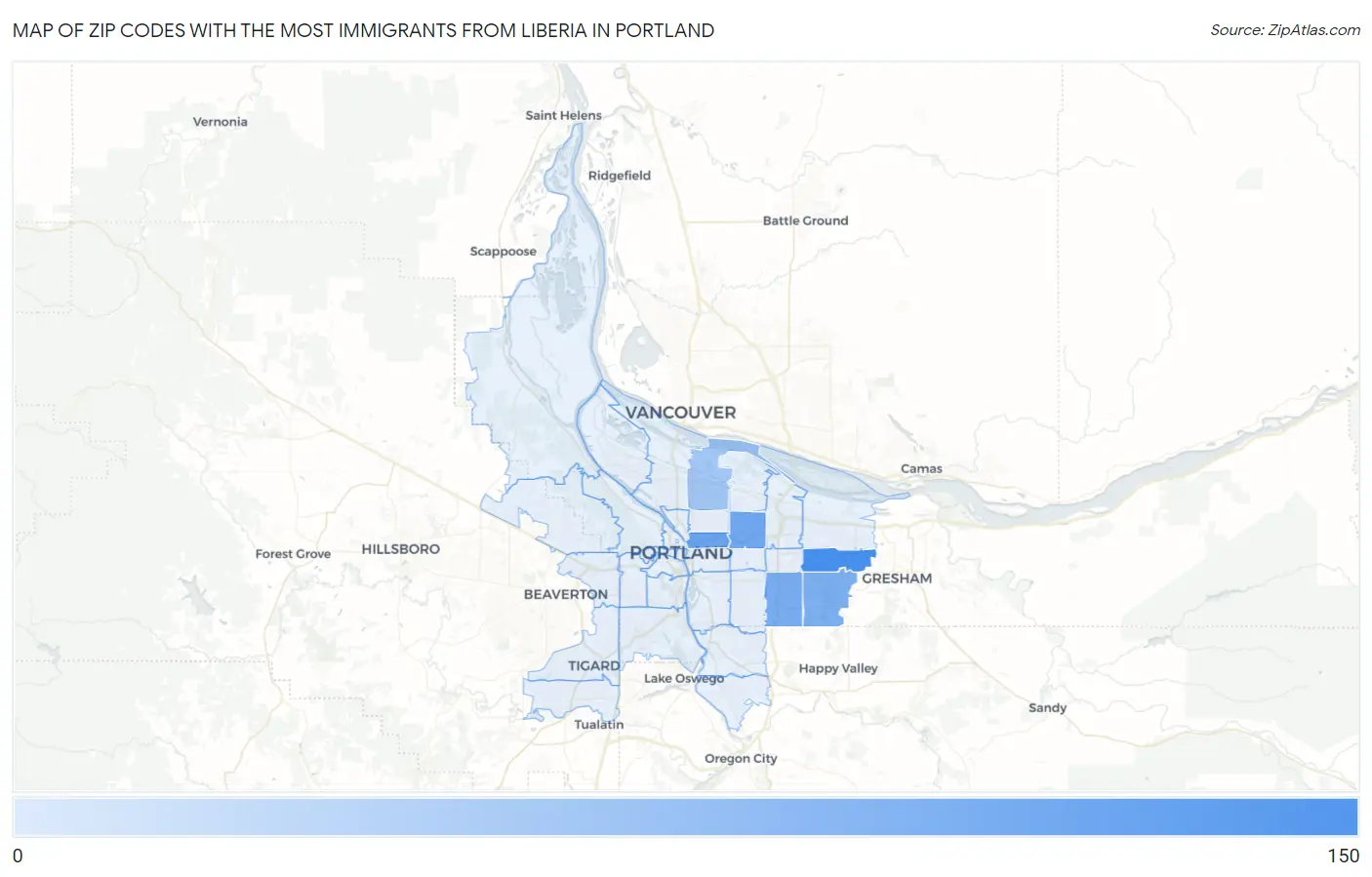Zip Codes with the Most Immigrants from Liberia in Portland Map