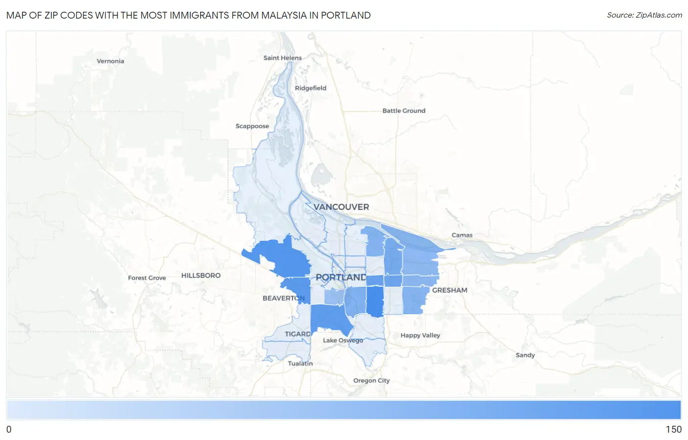Zip Codes with the Most Immigrants from Malaysia in Portland Map