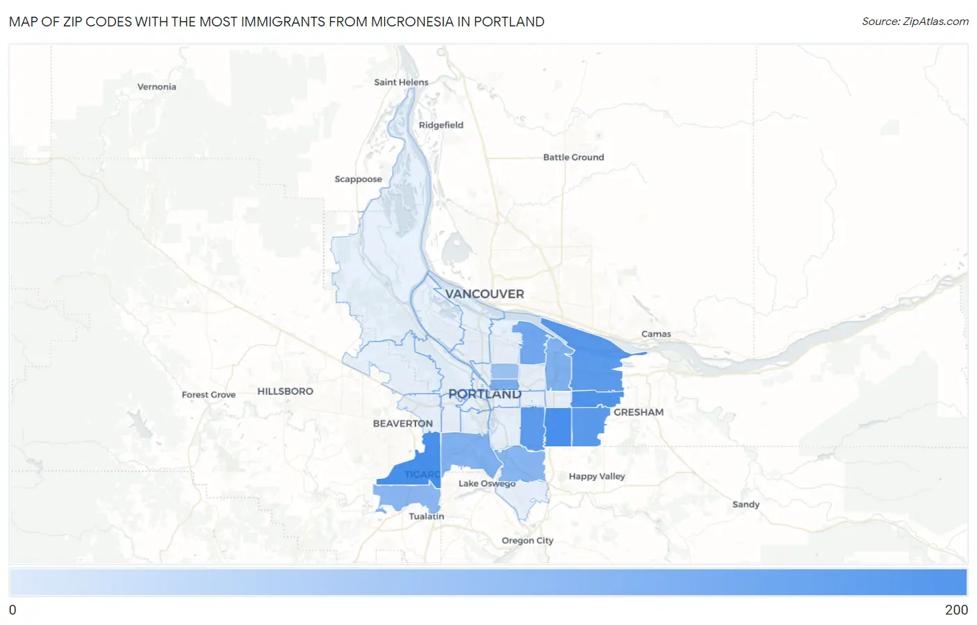 Zip Codes with the Most Immigrants from Micronesia in Portland Map
