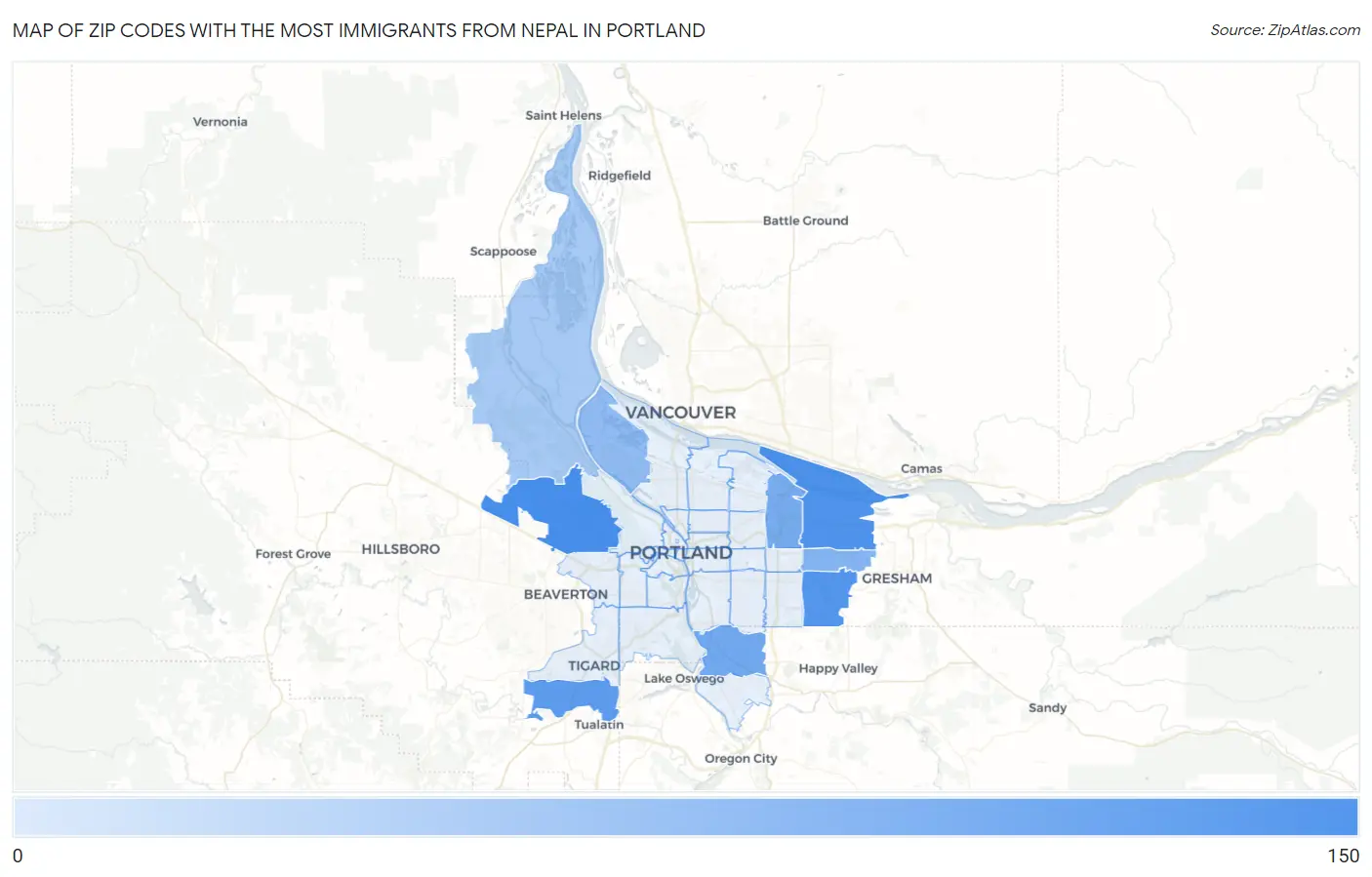 Zip Codes with the Most Immigrants from Nepal in Portland Map