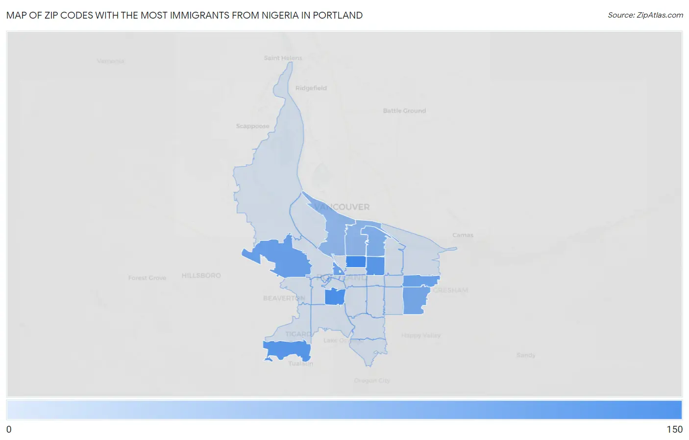 Zip Codes with the Most Immigrants from Nigeria in Portland Map