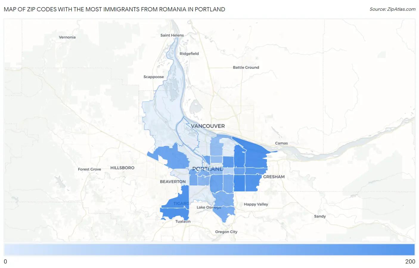 Zip Codes with the Most Immigrants from Romania in Portland Map