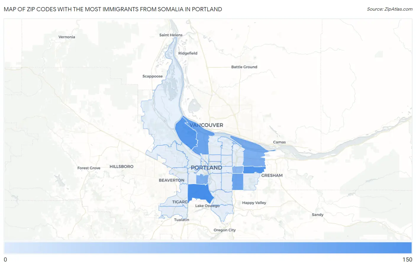 Zip Codes with the Most Immigrants from Somalia in Portland Map