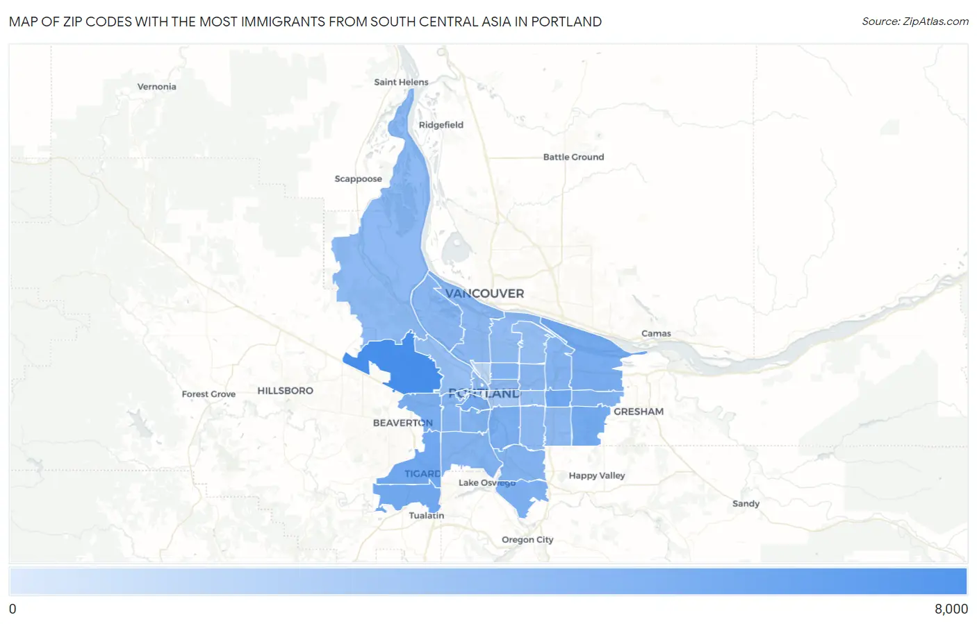 Zip Codes with the Most Immigrants from South Central Asia in Portland Map